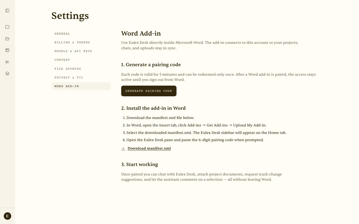 Account → Word add-in settings