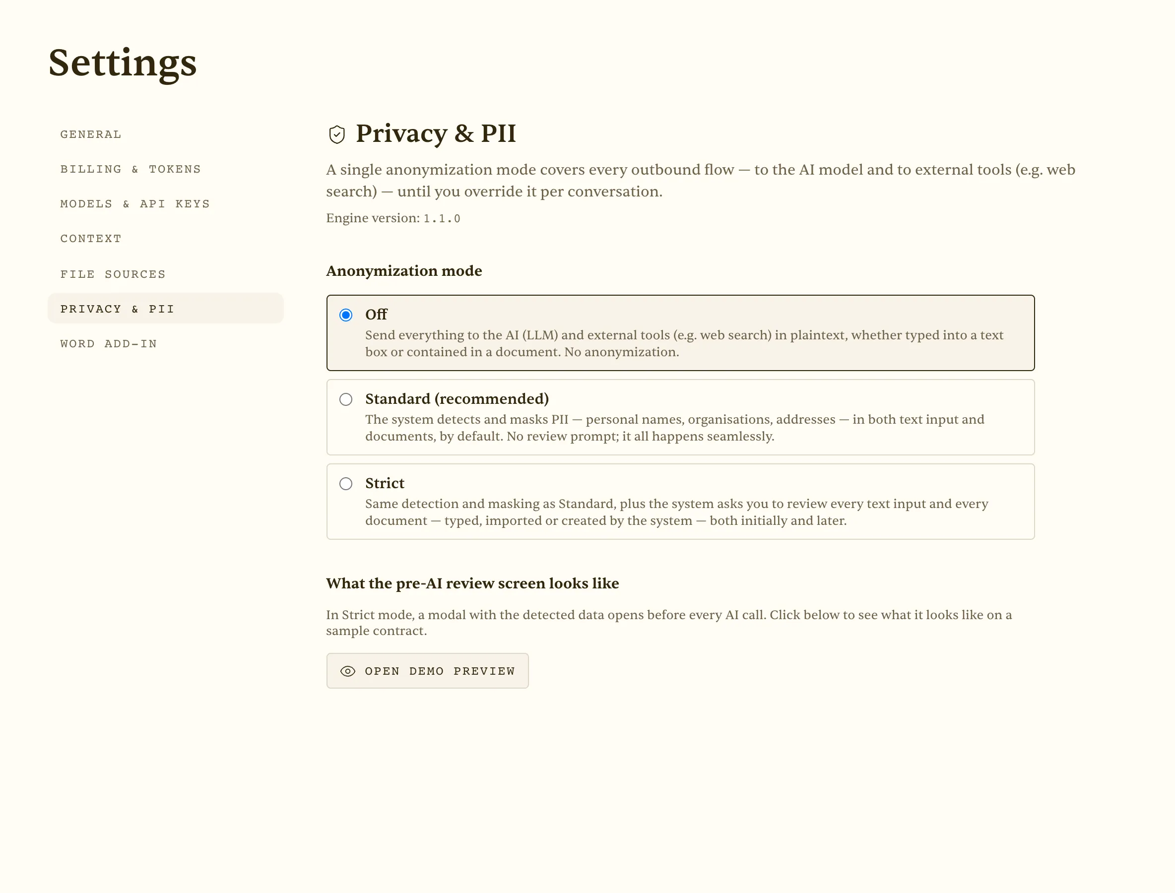 PII shield settings with anonymisation active